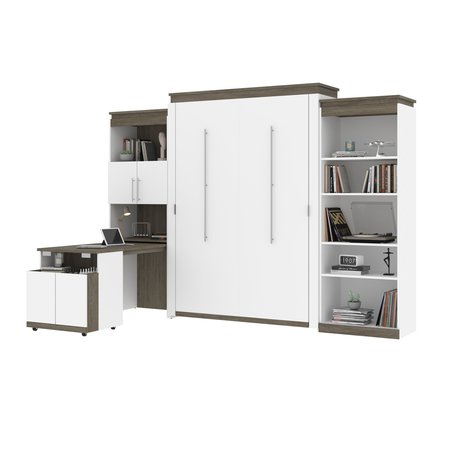 Bestar Orion 124W Queen Murphy Bed with Shelving and Fold-Out Desk (125W), White & Walnut Grey 116876-000017